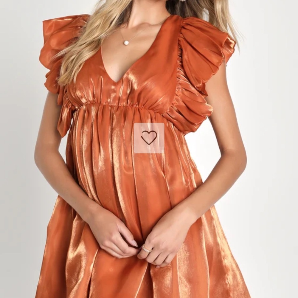 Lulus Sensational Shimmer Shiny Rust Orange Ruffled Babydoll Dress large